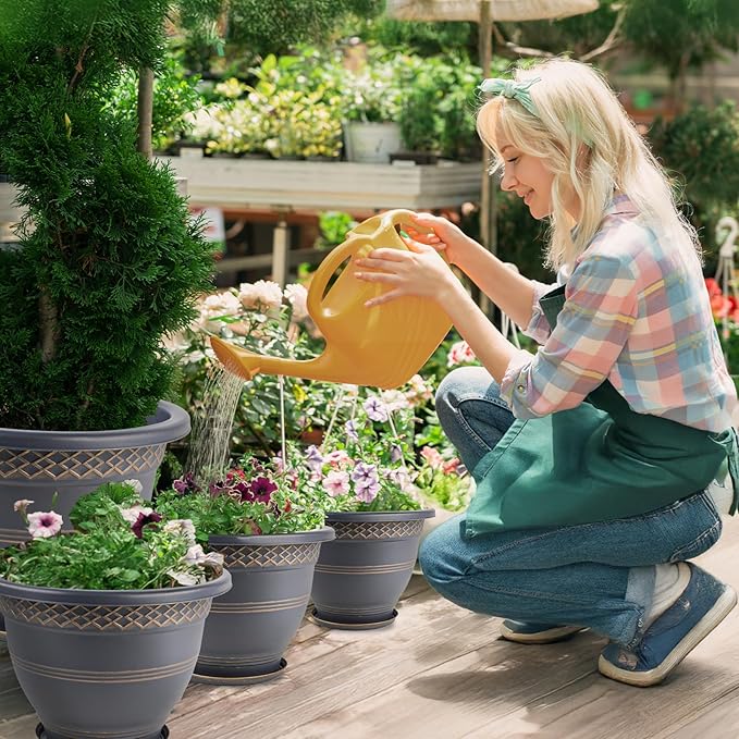 4 Pack 12 Inch Large Plant Pots, Plastic Flower Pot for Indoor & Outdoor with Drainage Holes & Saucer, Plaid Pattern Planters Garden Pots for Herbs