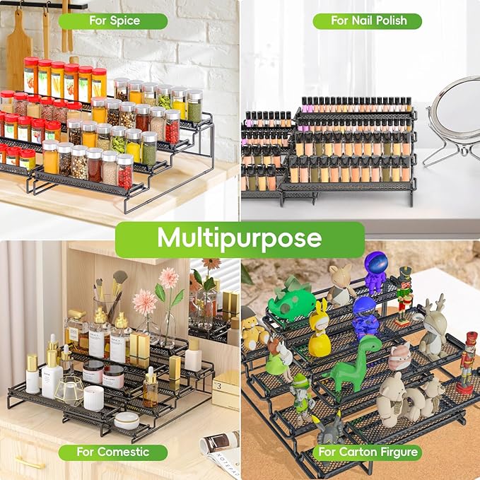 4 Tier Spice Rack Organizer for Inside Cabinet Expandable Display Riser Shelf Seasoning Organizer for Countertop Cupboard Pantry Adjustable Step Storage Holder with Protection Railing (Black, 2PC)