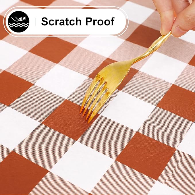 misaya Rectangle Waterproof Vinyl Table Cloth, Buffalo Flannel Backed Tablecloth, Wipeable Plastic Table Cover for Dinner, Kitchen, Picnic, (52" x 70", Rust and White)