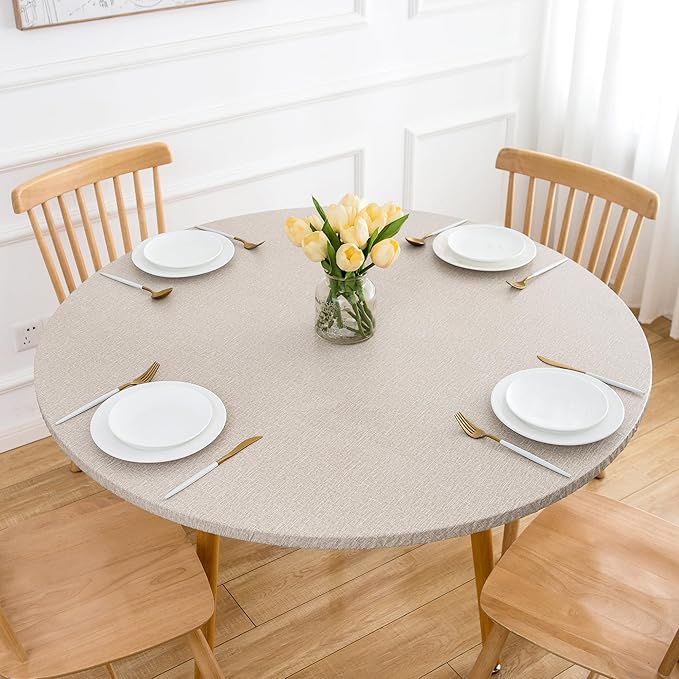 Fitable 2 Pack Faux Linen Round Table Cover with Flannel Backing, Vinyl Fitted Elastic Tablecloth Waterproof Table Cloth for Picnic, Party, Indoor Dining, Nature (Fit for 45"-56" Round Tables)