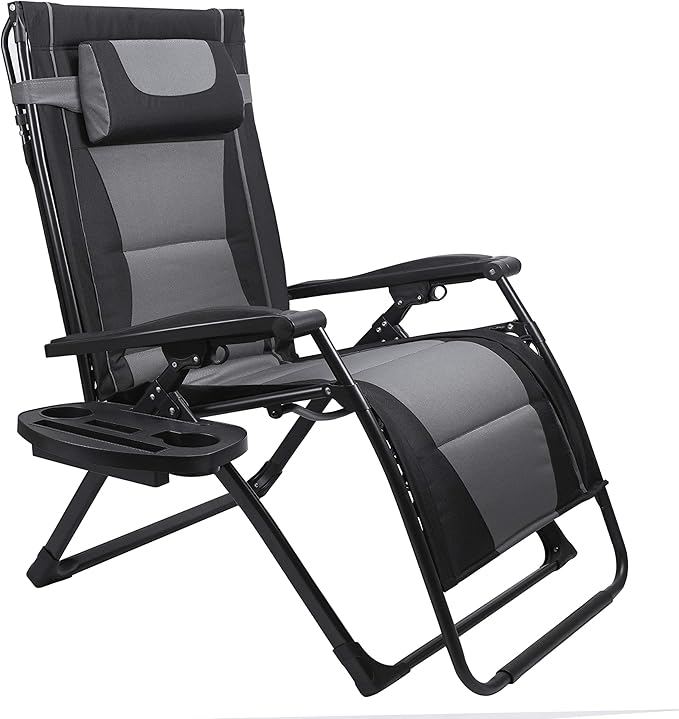 XXL Oversize Recliner Folding Chair – Heavy Duty Zero Gravity Lounge Chair with Sunshade, Cup Holder Tray & Padded Seat – Extra Wide Reclining Patio Chair for Camping & Outdoors