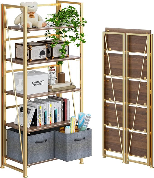 4NM No Assembly Folding Bookshelf, 5-Shelf 62.2" H Collapsible Foldable Bookcase Storage for Small Spaces, Brown and Golden