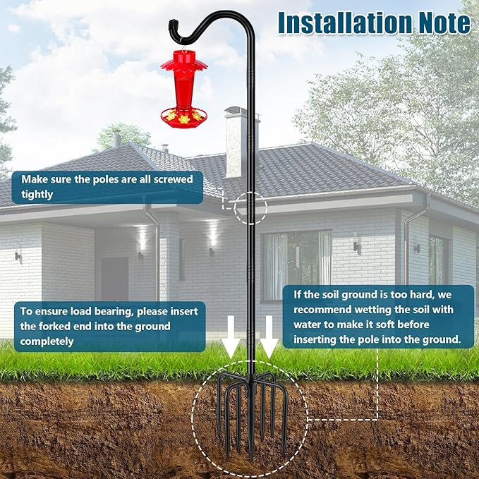 Gtongoko Tall Shepherds Hook for Outdoor, 108 Inch Bird Feeder Pole with 7 Prongs Base, 3/4 Inch Thick Heavy Duty Adjustable Garden Hook for Hanging Plant, Lantern, Hummingbird Feeder, 1 Pack