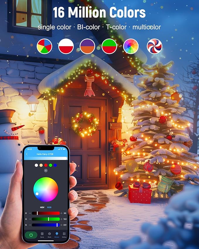 Minetom Smart Fairy Lights Color Changing, 2Pack Total 66FT 200 LED USB RGB String Lights with Remote & APP Control, Music Sync Fairy Lights For Bedroom, Twinkle Christmas String Light for Indoor Tree