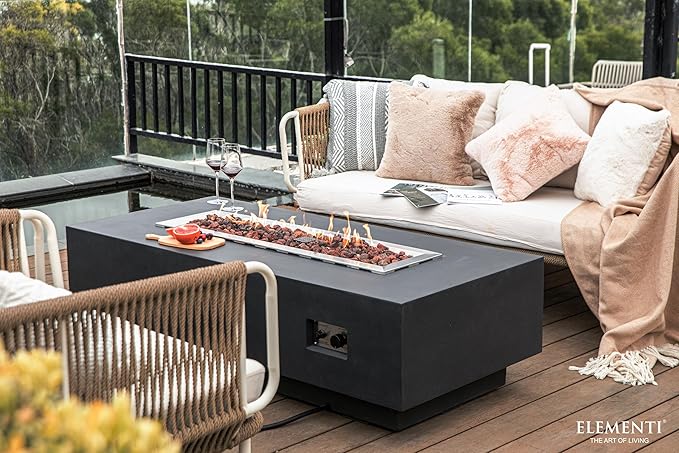 Elementi | Bundle Granville Gas Fire Pit Cast Concrete 60" Rectangular Fire Table, Outdoor Fire Pit Electronic Ignition | Canvas Cover, Lava Rock Included | Dark Gray (Natural Gas)