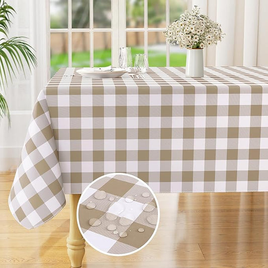 misaya Rectangle Waterproof Vinyl Table Cloth, Buffalo Flannel Backed Tablecloth, Wipeable Plastic Table Cover for Dinner, Cafe, Outdoor (60" x 102", Khaki and White)