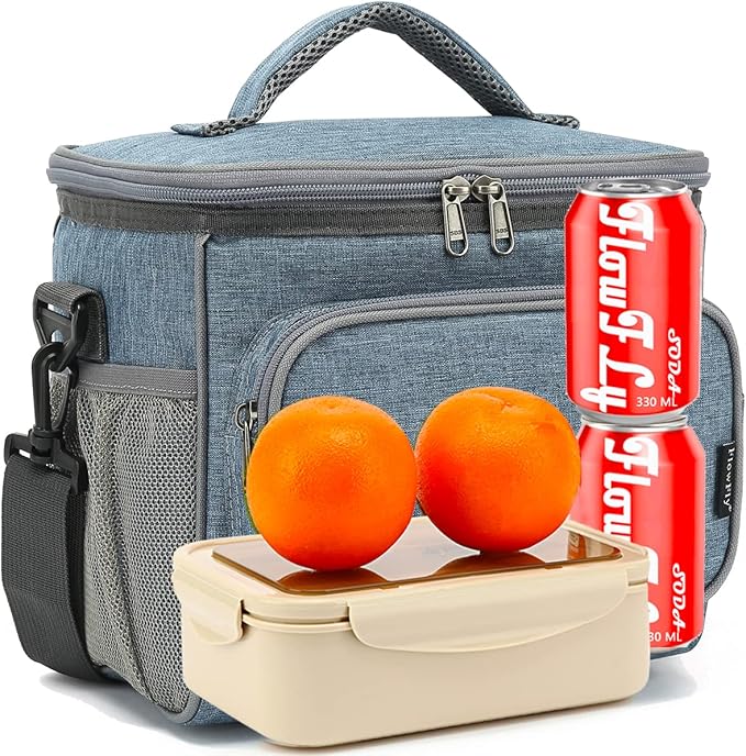 FlowFly Insulated Reusable Lunch Bag Adult Large Lunch Box for Women and Men with Adjustable Shoulder Strap,Front Zipper Pocket and Dual Large Mesh Side Pockets,Navy