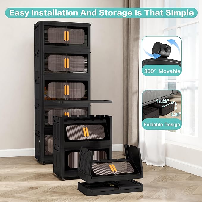 Holaki 320 QT Collapsible Closet Organizers with Lid, Stackable Plastic Storage Bins Cabinet with Wheels and Magnetic Door 5 Pack(Black Larger)