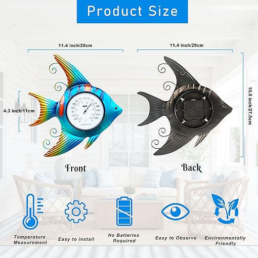 Fish-Shape Wall Thermometer, 11-Inch Battery-Free Temperature Gauge, Vintage Nautical Decor for Indoor & Outdoor Use, Auto-Calibrates in 3 Hours