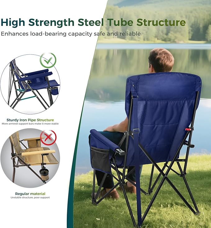 ALPHA CAMP Oversized Folding Camping Chairs High Backrest Heavy Duty Lawn Chairs for Adults Support 500 LBS Portable Camp Chairs with Cup Holders Large Side Pocket for Outdoor