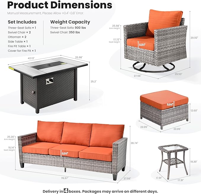 ovios 7 Pieces Patio Furniture Set with 42" Fire Pit Table, Outdoor Wicker Sofa with Swivel Chairs, All Weather High Back Rattan Couch Conversation Set, Orange Red