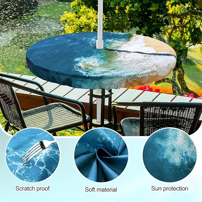 2 Pcs Round Outdoor Tablecloth with Umbrella Hole - Anti-Wrinkle Polyester Tablecloth with Elastic Zipper Table Cover for Summer Patio Camping Party(45''-53'',Ocean)