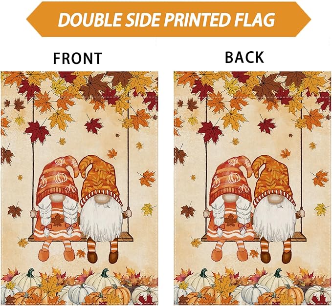 Fall Gnomes Swing Maple Leaves Pumpkins Autumn Garden Flag Yard Flag 12x18 Inch Double Sided Small Mini Yard Outdoor Outside Farmhouse Holiday Decoration