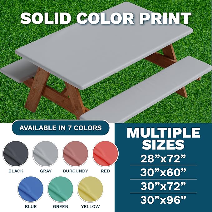 Sorfey Picnic Table Cover with Bench Covers -Fitted with Elastic, Vinyl with Flannel Back, Fits for Table 30"x 72" Rectangle,Water Proof, Solid Burgundy Design