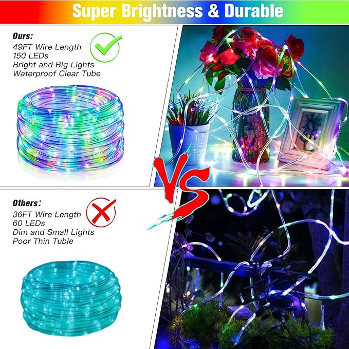 49Ft LED Rope Lights for Outside, 18 Colors Changing Outdoor Fairy String Lights with Remotes, Waterproof 150 LEDs Colored Rope Lighting Plug in for Bedroom Patio Party Halloween Christmas