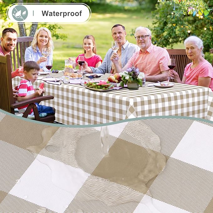 misaya Rectangle Waterproof Vinyl Table Cloth, Buffalo Flannel Backed Tablecloth, Wipeable Plastic Table Cover for Dinner, Cafe, Outdoor (60" x 102", Khaki and White)