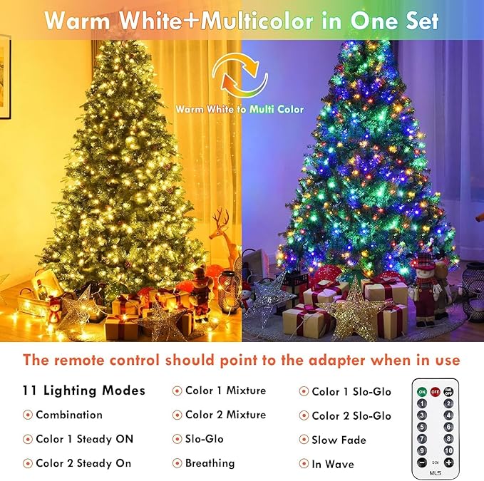 Warm White to Multicolor Color Changing 100 LED 33FT Connectable Christmas String Lights for Outdoor Indoor, 11 Modes Christmas Tree Clear Wire Fairy Waterproof Lights with Memory & Remote & Timer