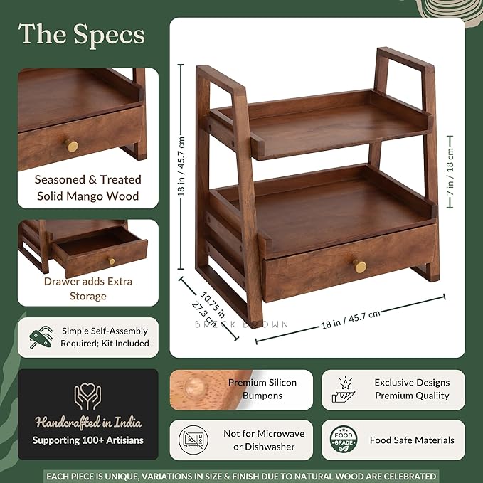 Handcrafted Versatile Organizer with Drawer | 2-Tier Kitchen Storage Organizer | Spice Rack & Jars/Bottle Holder (18x18x10.7Inch)