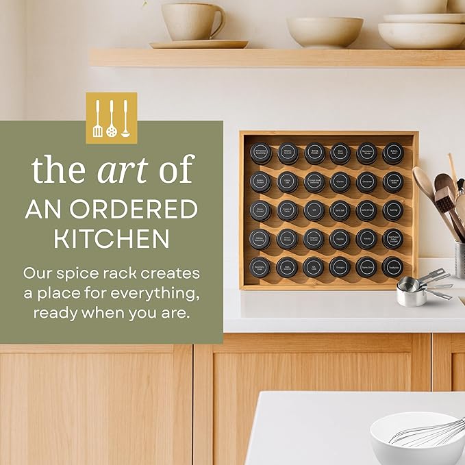 | Bamboo Spice Rack Organizer | 30 4 oz Spice Jars | 720 Labels | Funnel | Cabinet | Countertop | Pantry | Wall Mount