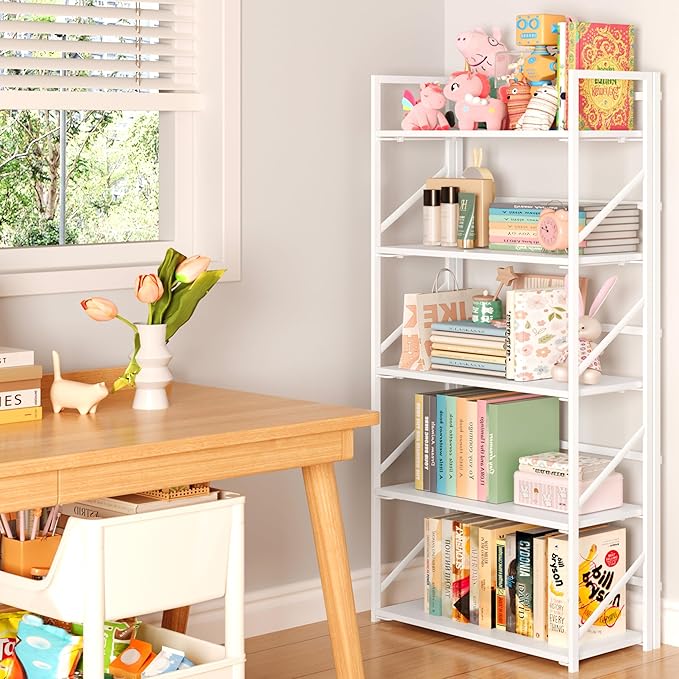 JSB No Assembly Folding Bookshelf, 5 Tier Industrial Metal Book Shelf for Storage, Vintage Wood Foldable Bookcase for Living Room, Bedroom, Office Organization Shelves