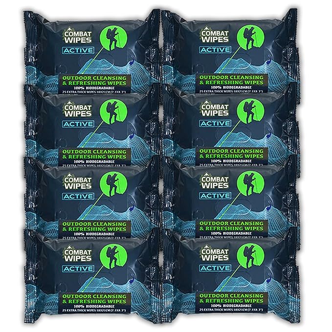 Combat Wipes ACTIVE Outdoor Wet Wipes - Extra Thick Camping Gear, Biodegradable, Body & Hand Cleansing/Refreshing Cloths for Backpacking & Gym w/Natural Aloe & Vitamin E (8 pack, 200 Wipes)…