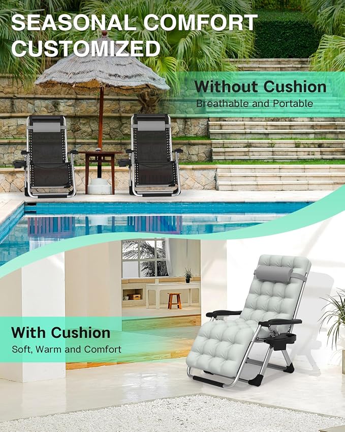ZENPETIO Zero Gravity Chair with Removable Cushion, Reclining Camping Chair with Cup Holder, Anti Gravity Lounge Chair for Indoor and Outdoor