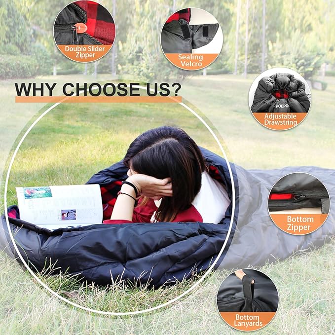 0 Degree Sleeping Bag 100% Cotton Flannel XXL Cold Weather Winter Oversized Sleeping Bag for Adults Camping Zero Degree Big and Tall with Compression Sack