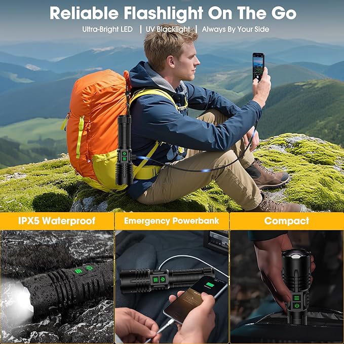 UV Blacklight&High Lumens Flashlight Rechargeable, Powerful Blacklight Flashlights for Pet Urine Detection, Resin Curing, Scorpion, Zoomable Waterproof Tactical LED Flashlight for Camping, Emgergency