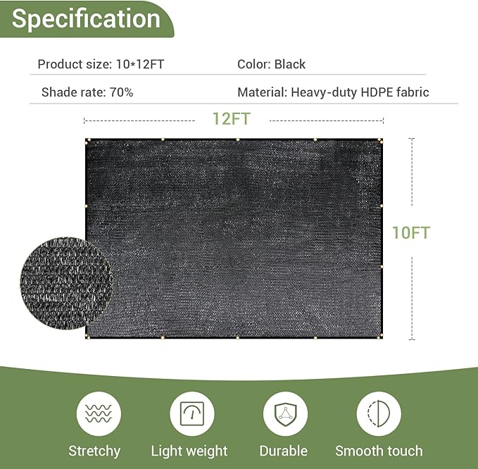 70% Garden Shade Cloth, 10x12FT HDPE Mesh Tarp with Upgraded Grommets, UV-Resistant Outdoor Sun Shades for Greenhouse, Garden, Patio Plants, Pergola
