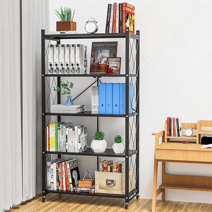 5-Tier Foldable Storage Shelf with Wheels - Metal Collapsible Shelving Unit Display, Rolling Cart for Books Kitchen Storage Shelves, Pantry & Closet Organizer, Office Room Decor - Black