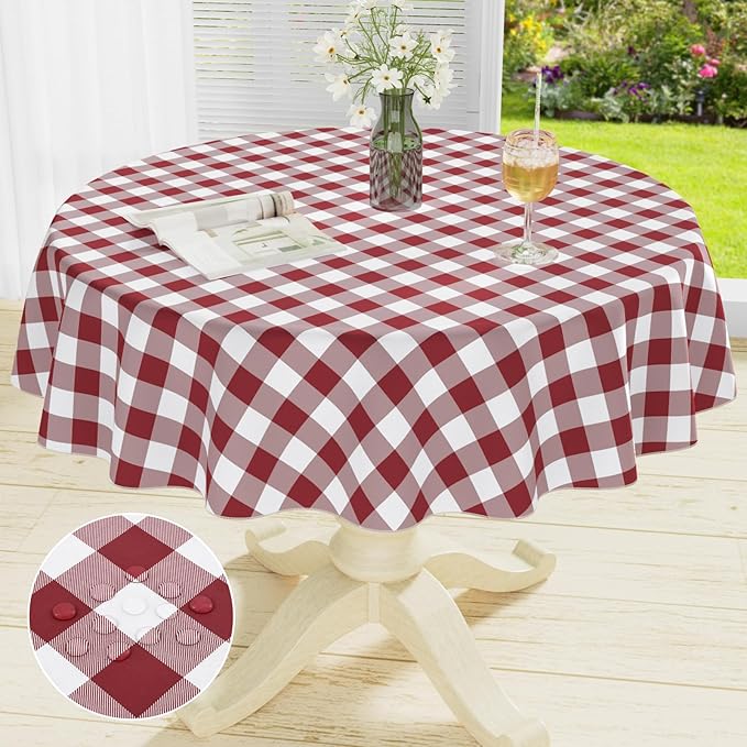 misaya Round Waterproof Vinyl Table Cloth, Buffalo Flannel Backed Tablecloth, Wipeable Plastic Table Cover for Dinner, Kitchen, Picnic (60", Burgundy and White)