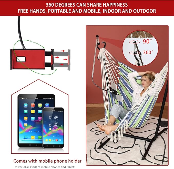 ZEYU Hammock Chair with Stand Double Hammock Chair Bohemian Style with Tassel Mobile Phone Support Manual Adjustable Swing Indoor and Outdoor Garden Porch with Floor mat Reclining Capacity 400 pounds