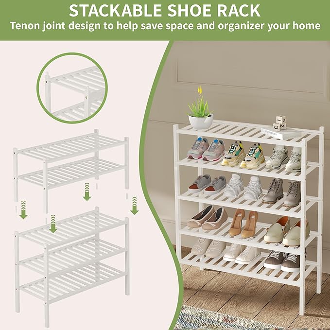 2 Tier Bamboo Shoe Rack for Closet Free Standing Wood Shoe Shelf for Entryway Small Space Stackable 27"x11"x13" (White)