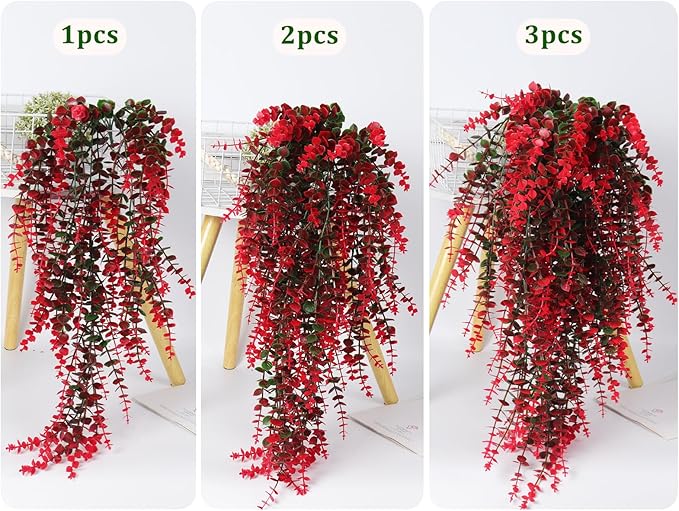 Hanging Artificial Plants Fake Vine Hanging Eucalyptus Leaf Plant Artificial UV Resistant Hanging Green Plant Faux Plants Hanging Wall Decor Outdoor Front Door Yard Garden Porch Decorations(Red)