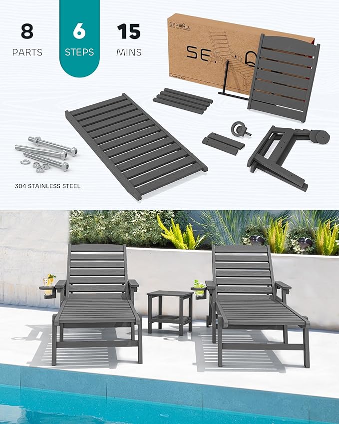 SERWALL Patio Chaise Lounge Chair Set of 8, 5 Positions Adjustable Outdoor Lounge Chair for Pool, Plastic Lounge Chair with Rolling Wheels & Cup Holder for Poolside, Deck, Slate Gray