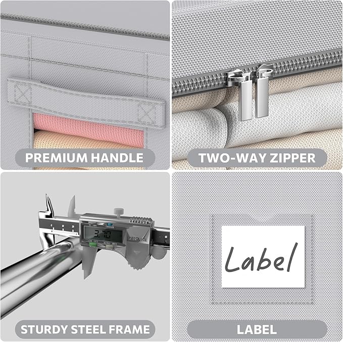 3Pack Frame Storage Box - Clothes Storage Bin Bags Oxford Fabric Foldable Stackable Container Organizer Set with Clear Window & Carry Handles Large Capacity (Grey, Large-66L)