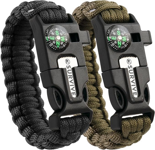 SURVIVE Paracord Bracelet, Pack of 2, Emergency Hiking Survival Kit Fire Starter Compass Whistle, 3 Wrist Sizes: Small Medium Large, 8.5-10 ft Continuous Strand Flint Steel Scraper 5 in 1