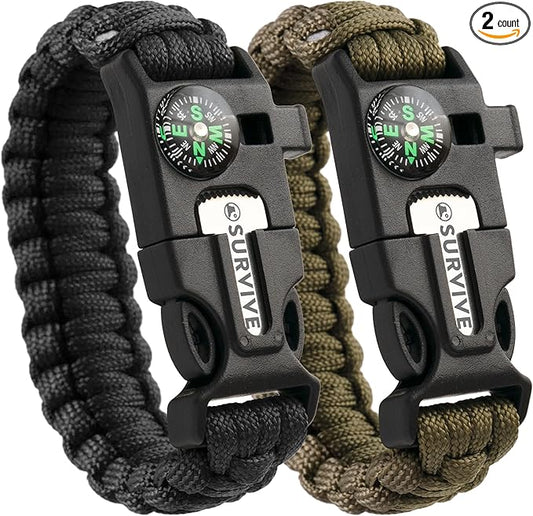 SURVIVE Paracord Bracelet, Pack of 2, Emergency Hiking Survival Kit Fire Starter Compass Whistle, 3 Wrist Sizes: Small Medium Large, 8.5-10 ft Continuous Strand Flint Steel Scraper 5 in 1