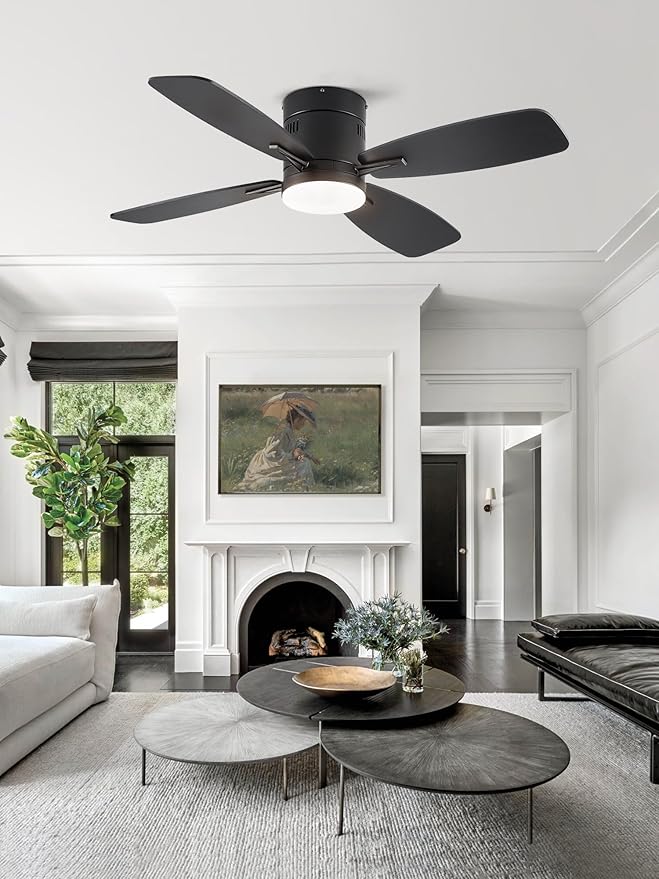 LEDIARY 42 inch Ceiling Fans with Lights and Remote Control,Flush Mount Ceiling Fan with Quiet Reversible DC Motor,Black Modern Low Profile Ceiling Fan with Light for Bedroom Living Room Patio