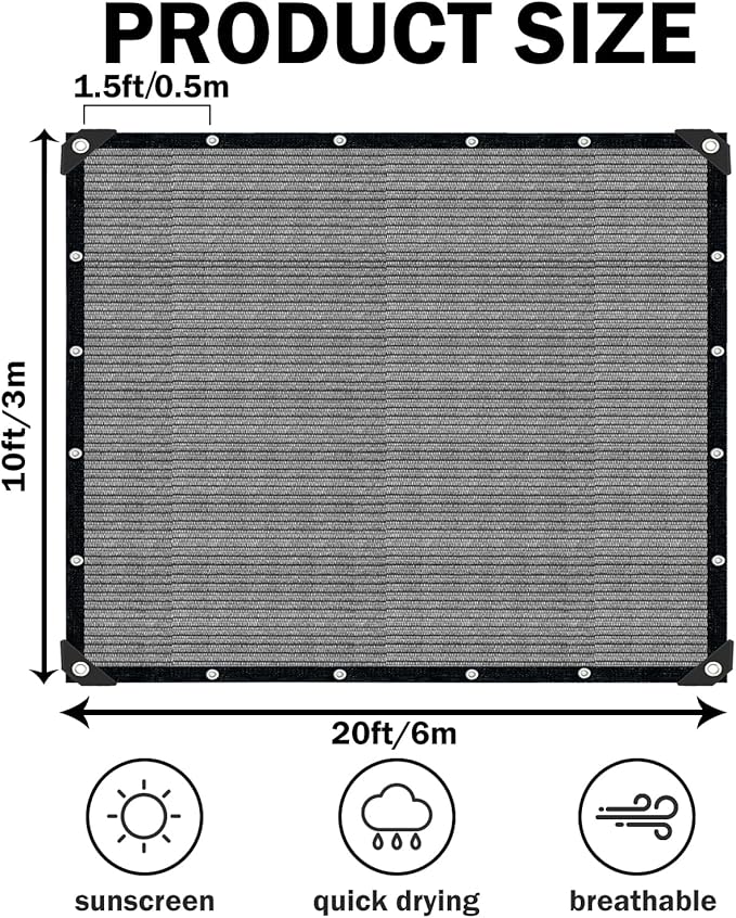 Grey Sun Shade Cloth,Pergola Shade Cover with Reinforced Grommets,90% Shade Fabric Fence Privacy Screen Balcony,Pergola Canopy Garden Carport Porch Deck Patio Shade Cover,10x20FT