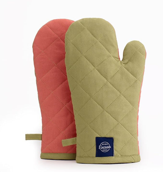 Encasa XO Heat Resistant Cotton Oven Gloves Mitts (2 Pc Set) - Quilted & Safe 12x6.6 in - for Kitchen, Cooking & Baking, Grilling, Handling Hot Pots & Pans - Sage & Coral