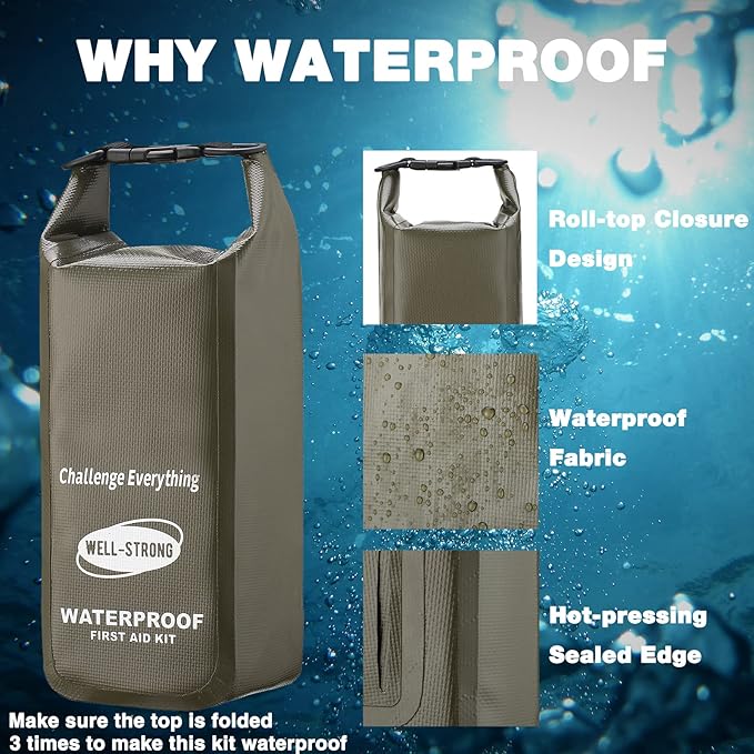 Waterproof First Aid Kit Roll Top Boat Emergency Kit with Waterproof Contents for Fishing Kayaking Boating Swimming Camping Rafting Beach Green