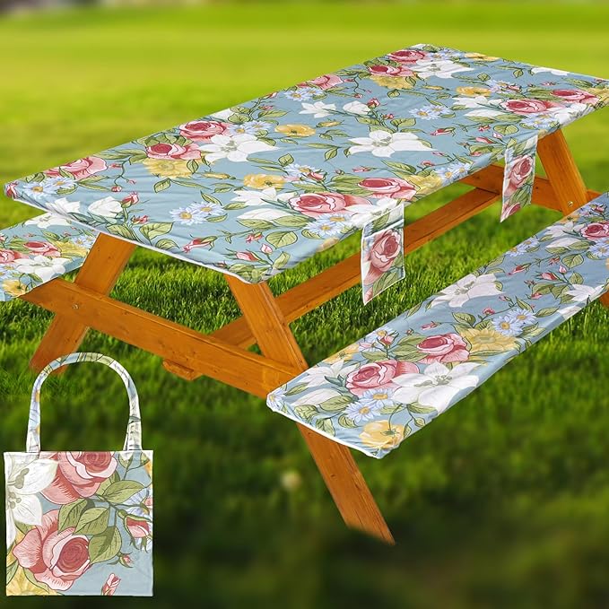 Fitted Picnic Table Cover with Bench Covers Set, Waterproof Lightweight Rectangle 72in Folding Table Cloths Canopy Shade Slipcover Cool Unique Fun Camping Gift for Camper Women Men Family Rv Owners