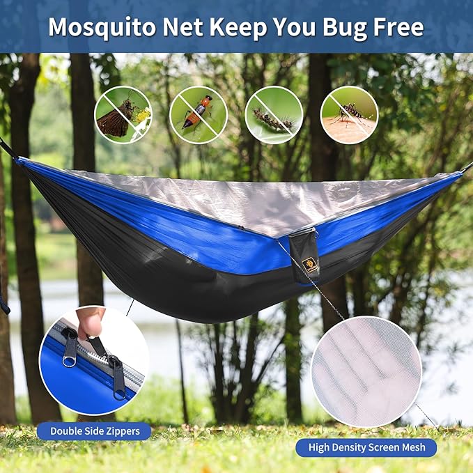 Camping Hammock, Portable Hammocks with Mosquito Net,Lightweight Nylon Parachute Hammock with 10ft Tree Straps,Camping Gear Must Haves for Travel Hiking Backpacking Beach Patio-Deep Grey&Blue
