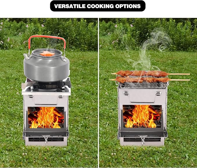 Portable Camping Wood Stove for Cooking, Folding Lightweight Stainless Steel Wood Stove with Grid and Pot Stand for Outdoor Camping Hiking Backpacking BBQ Picnic, Small