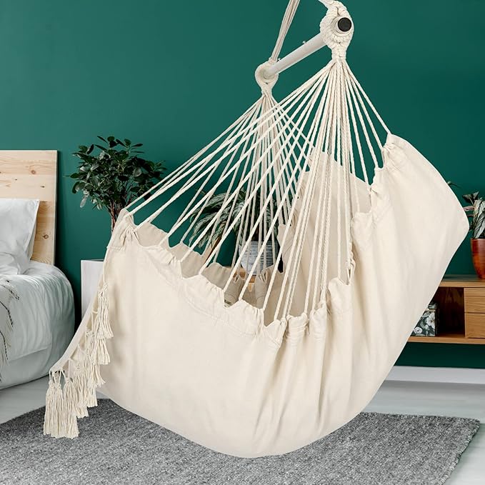 Y- STOP Hammock Chair Hanging Rope Swing, Max 500 Lbs, 2 Cushions Included, Large Macrame Hanging Chair with Pocket for Superior Comfort, with Hardware Kit (Beige)