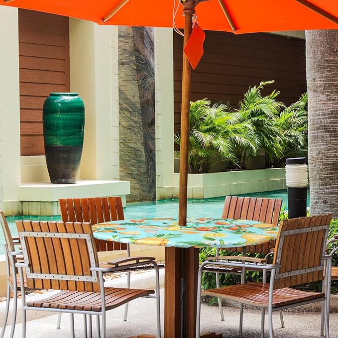 2 Pcs Round Outdoor Tablecloth with Umbrella Hole - Anti-Wrinkle Polyester Tablecloth with Elastic Zipper Table Cover for Summer Patio Camping Party(45''-53'',Lemon)