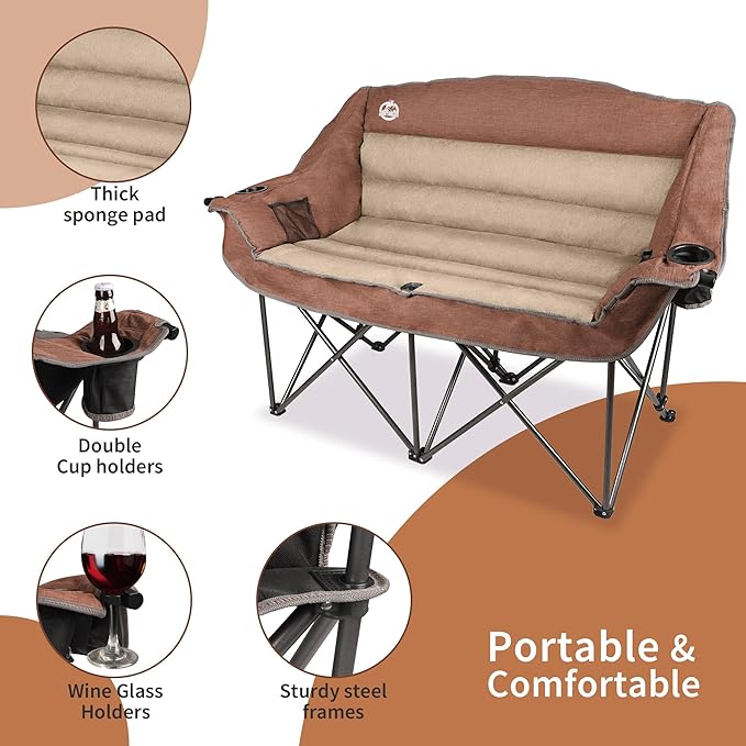 Northroad Folding Loveseat Camping Chair Portable Double Duo Full Padded Garden Chair for 2 Person Sofa w/Cup Holder,Wine Glass Holder,Mesh Storage,Support 600lbs for Picnic Beach Travel, Moca