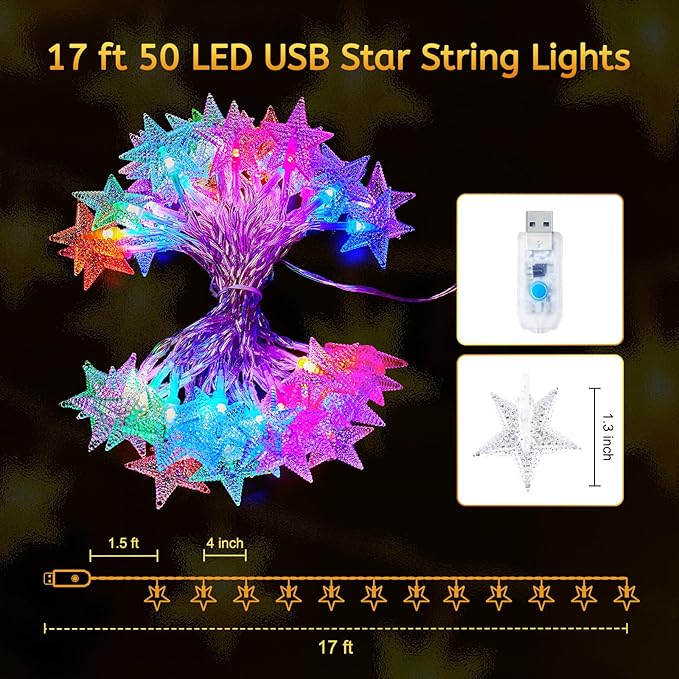 Minetom Color Changing Star String Lights - 17 ft 50 LED Star Fairy Lights with Remote and Timer, 16 Colors and 7 Modes, USB Powered String Lights for Bedroom Tent Patio Xmas Party Indoor Decor