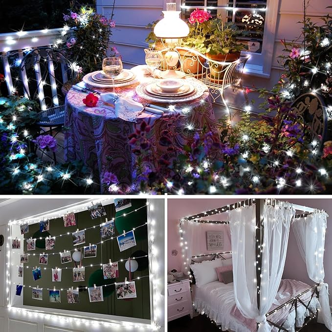 KNONEW 203FT Outdoor Christmas Fairy Lights Plug in,600 LED String Lights Outdoor Waterproof 8 Modes Memory Times for Wedding Bedroom Walls Garden Trees Decoration(Cool White)